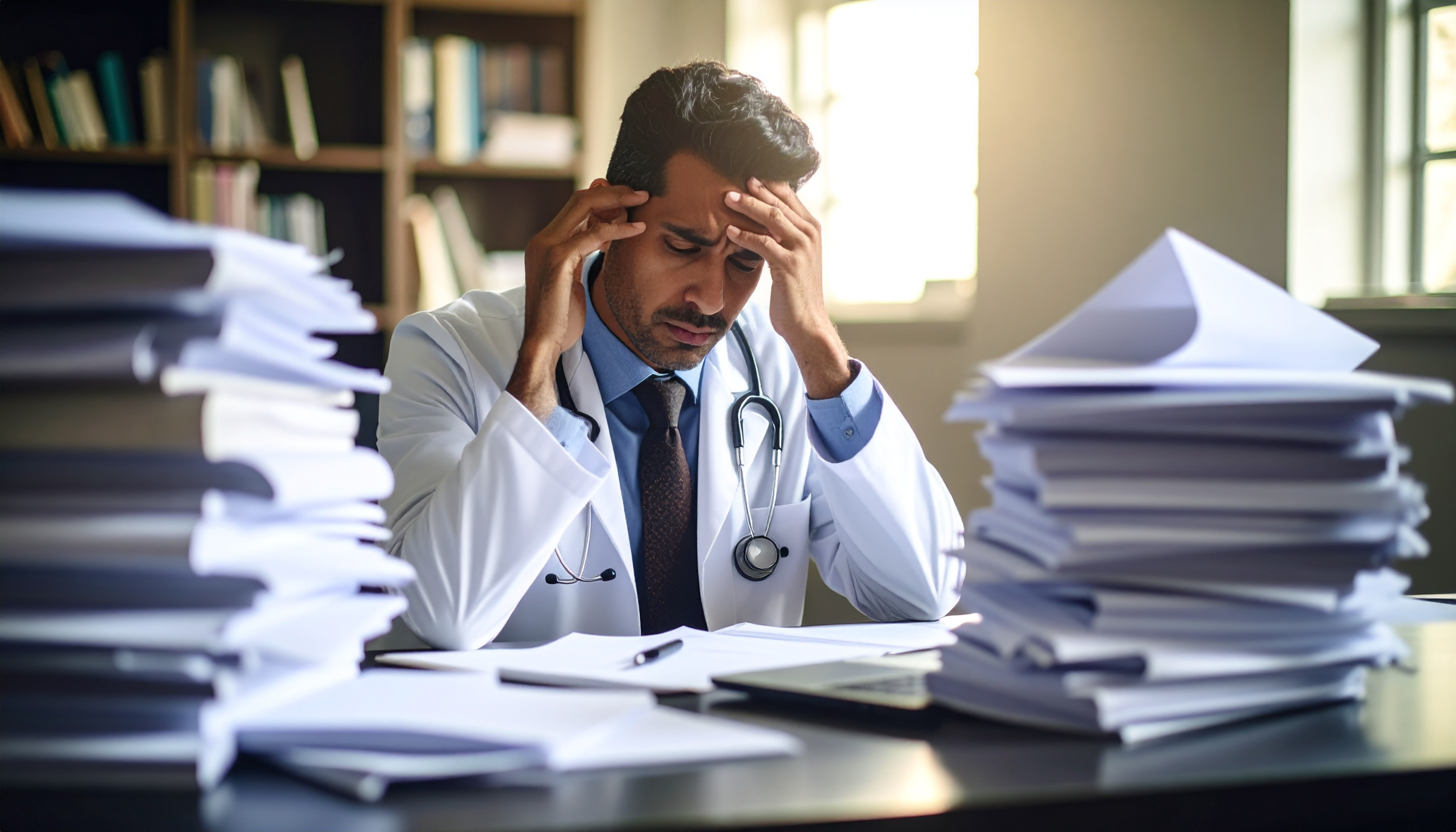 Firefly_Genera una imagen de una doctor frustrado por exceso de carga laboral 885628
